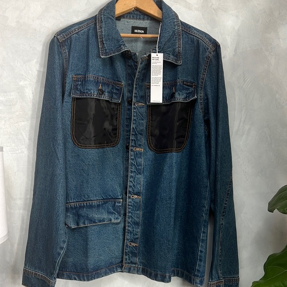 Hudson Jeans Mens Blue Denim Jean Jacket/Long-sleeve Shirt NWT Black Pockets - Picture 1 of 11